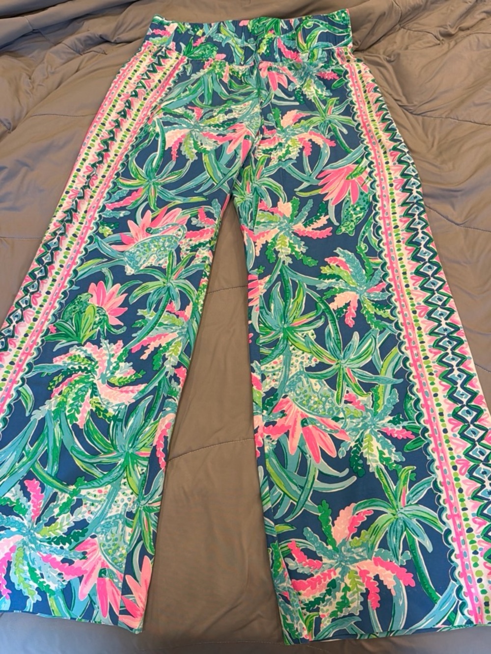 Lilly Pulitzer Navy Floral-Print Wide Leg Pants with Pink & Green Accents
